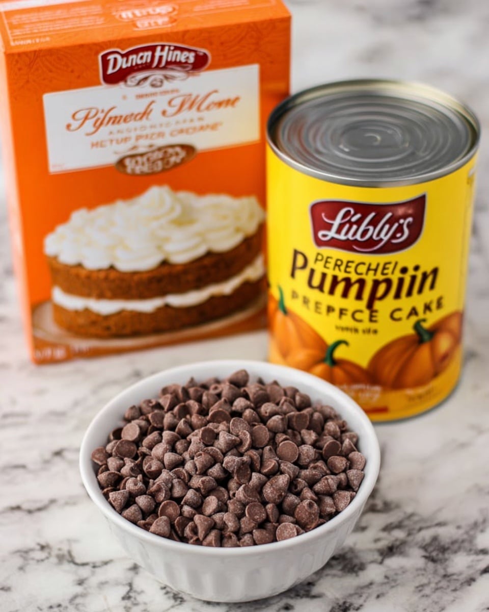 The image shows a white bowl filled with small, dark brown chocolate chips placed on a white marbled surface. Behind the bowl, there is an orange box of Duncan Hines Perfectly Moist Spice Cake Mix with a picture of a two-layer spice cake covered in creamy white frosting. Next to the cake mix box is a yellow can of Libby's 100% Pure Pumpkin with a silver lid and orange label. Photo taken with an iphone --ar 4:5 --v 7