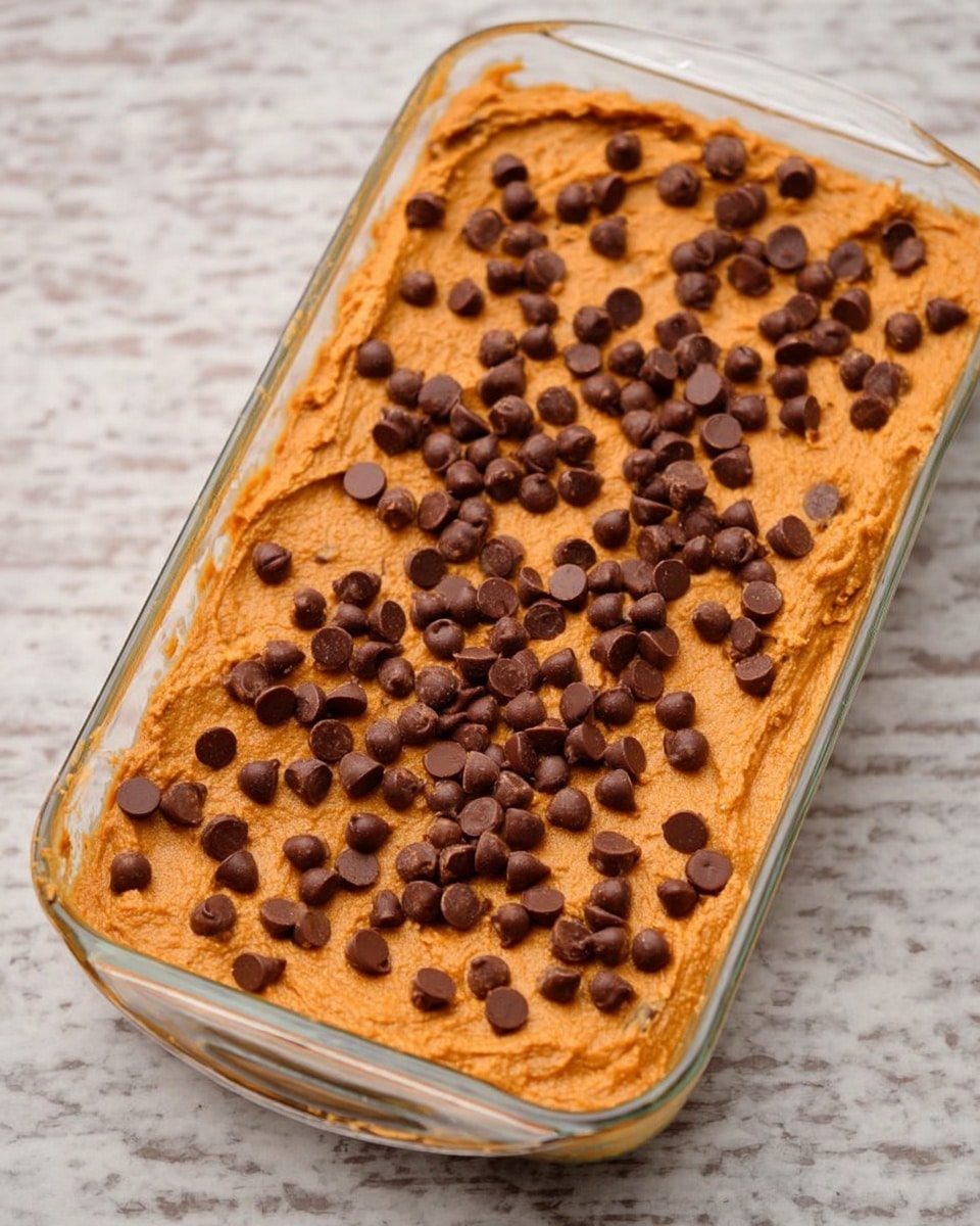 A clear glass rectangular dish filled with one even layer of orange batter spread smoothly inside, topped with scattered dark brown chocolate chips all over the surface. The dish is placed on a white marbled surface, showing the batter’s texture that looks soft and thick. Photo taken with an iphone --ar 4:5 --v 7