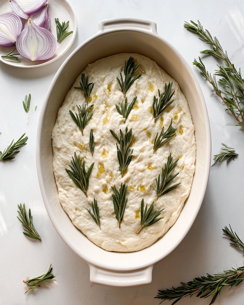An oval white ceramic dish holds a soft, pale dough base with a smooth and puffy texture. On top, fresh green rosemary sprigs are arranged to look like a Christmas tree shape in the center, with small round colorful cherry tomatoes in red, orange, and yellow scattered among the rosemary branches. White small onion bulbs and thin purple onion slices add detail, while a small orange slice sits at the bottom as a tree trunk. The dish is placed on a white marbled surface with a white towel and a cup of coffee nearby, along with some rosemary sprigs and onion slices around the dish. Photo taken with an iphone --ar 4:5 --v 7