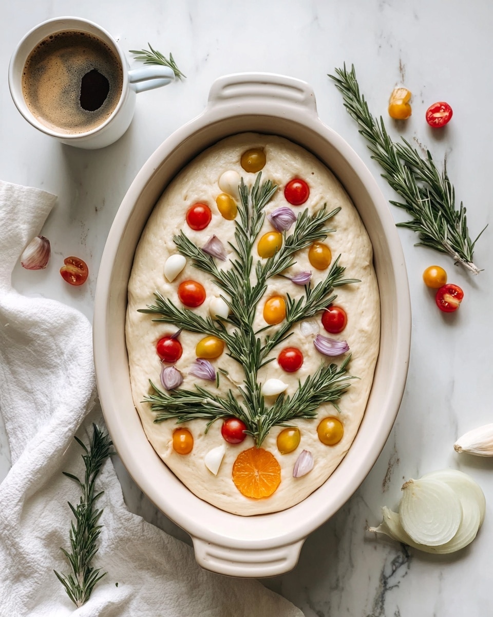 A golden brown oval focaccia bread sits in a white oval ceramic baking dish. The top layer of the bread is decorated with several long dark green rosemary sprigs laid out like a tree or plant, with small round bright red cherry tomatoes and white onion slices placed between the rosemary branches. The bread has a light, slightly bubbly texture with a few browned spots, and there is a white marbled surface underneath the baking dish. Nearby, there is a plate with more red and orange cherry tomatoes, onion slices, and rosemary sprigs, and a warm amber-colored glass candle holder on a silver tray. photo taken with an iphone --ar 4:5 --v 7