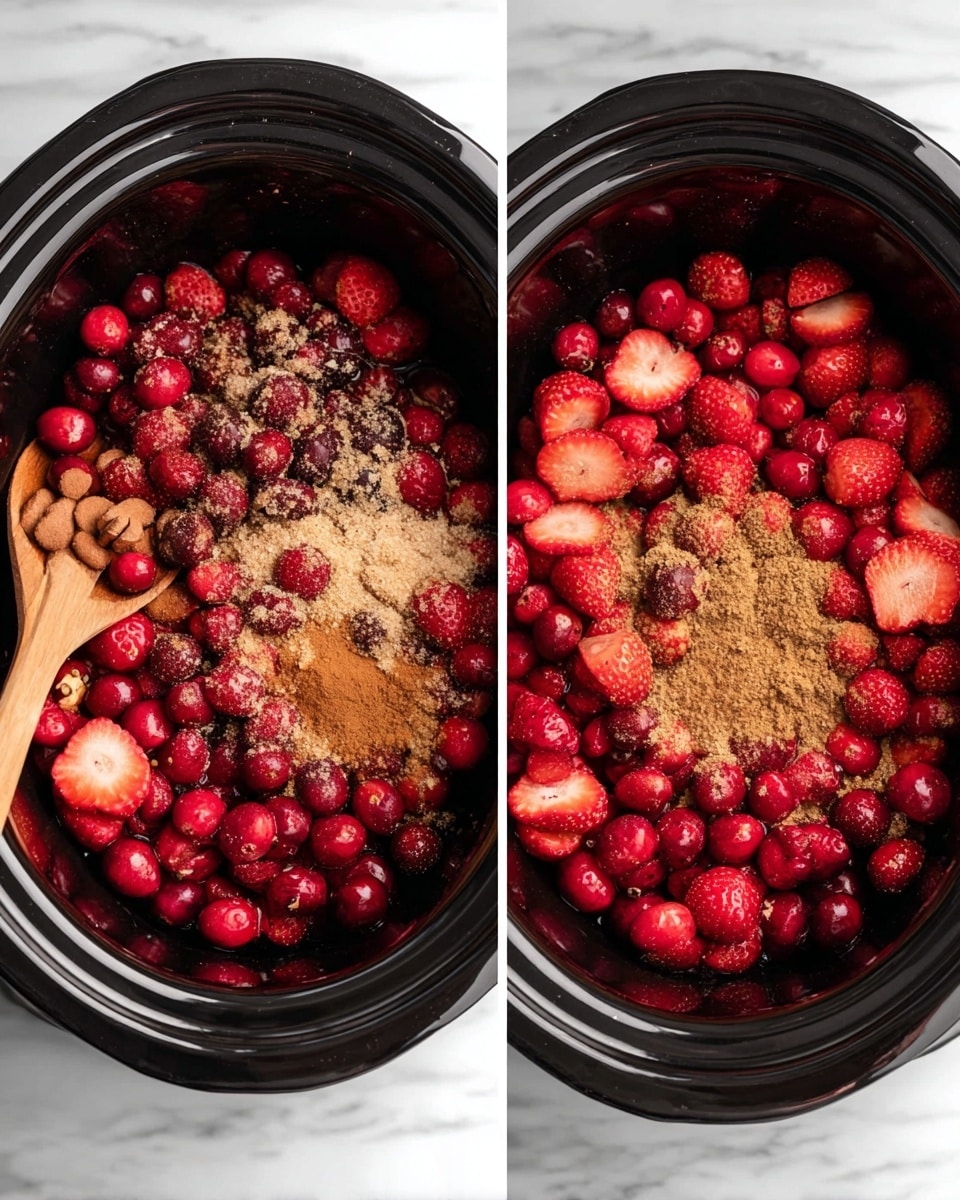 The image shows a black slow cooker filled with layers of fresh red cranberries and sliced strawberries at the bottom. On top of the fruit, there are unevenly sprinkled light and dark brown sugar clumps along with a small heap of cinnamon powder near the center. The black slow cooker sits on a white marbled surface, and on the left side, there is a wooden spoon with a smooth texture. The colors of the fruit are bright and fresh, contrasting with the rough, grainy textures of the sugar and cinnamon. photo taken with an iphone --ar 4:5 --v 7