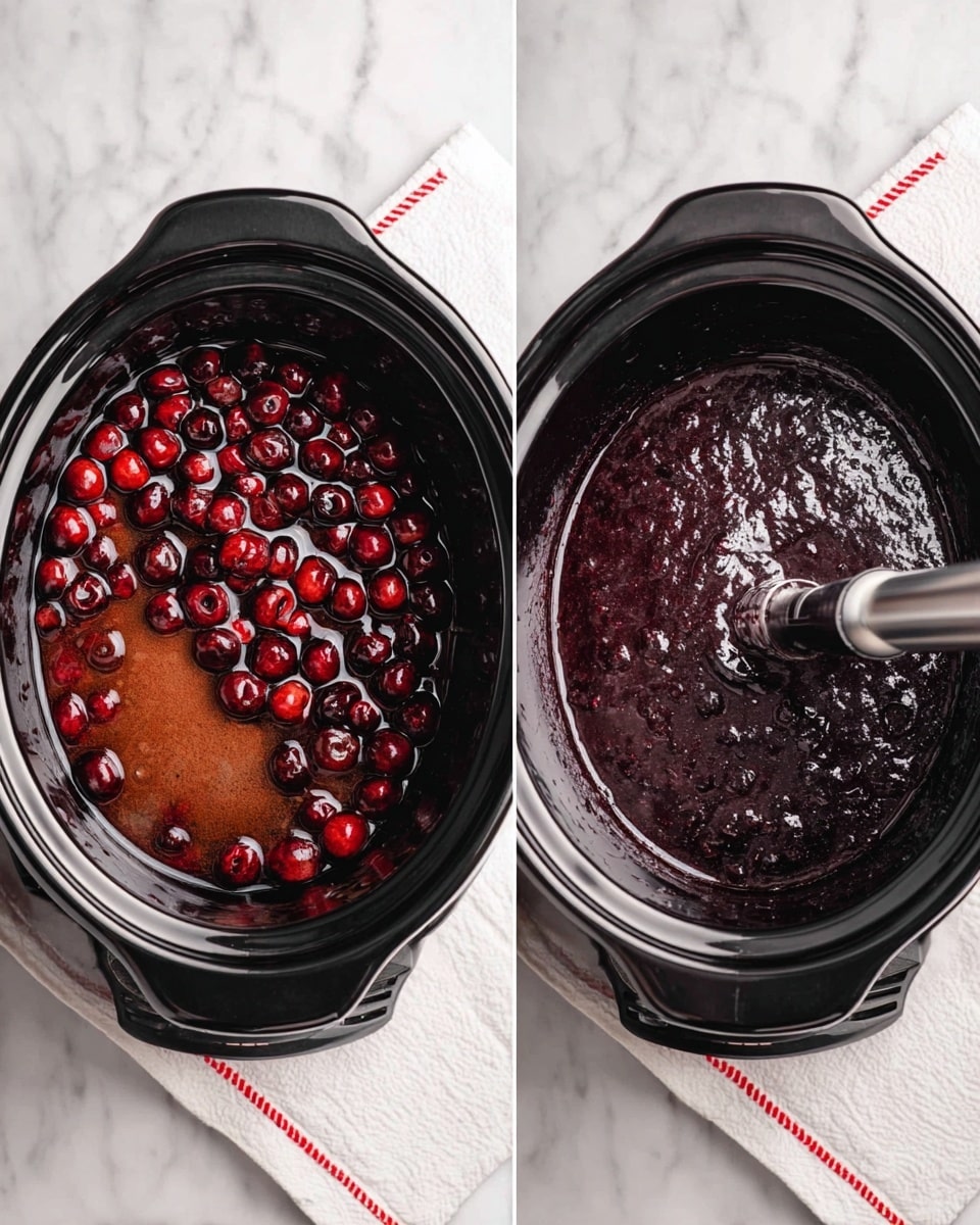 The image shows two stages of making a dark cherry sauce inside a black slow cooker. On the left, there is a layer of whole dark red cherries mixed with a brown powder spice, all floating in a deep red liquid. On the right, the sauce is being blended with a silver immersion blender, creating a smooth, thick, dark purple mixture with a slightly shiny texture. The slow cooker sits on a white marbled surface with a white cloth trimmed in red next to it. Photo taken with an iphone --ar 4:5 --v 7