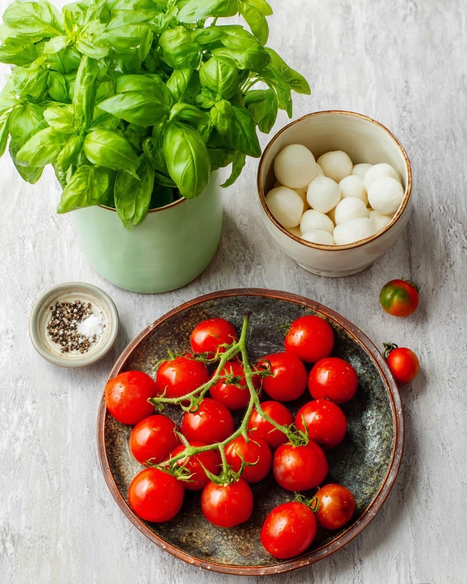 The image shows fresh ingredients for a classic Caprese salad arranged on a white marbled texture. There is a bunch of bright green basil leaves growing in a pale green cup on the top left side. To the right, a white bowl holds small white mozzarella balls. Below that, a tiny white bowl contains salt and pepper. In the center at the bottom, a rustic round plate holds many bright red cherry tomatoes, some still on the green vine, and a few loose tomatoes scattered around. The colors are vivid with bright green, red, and white standing out clearly against the white marbled surface. photo taken with an iphone --ar 4:5 --v 7