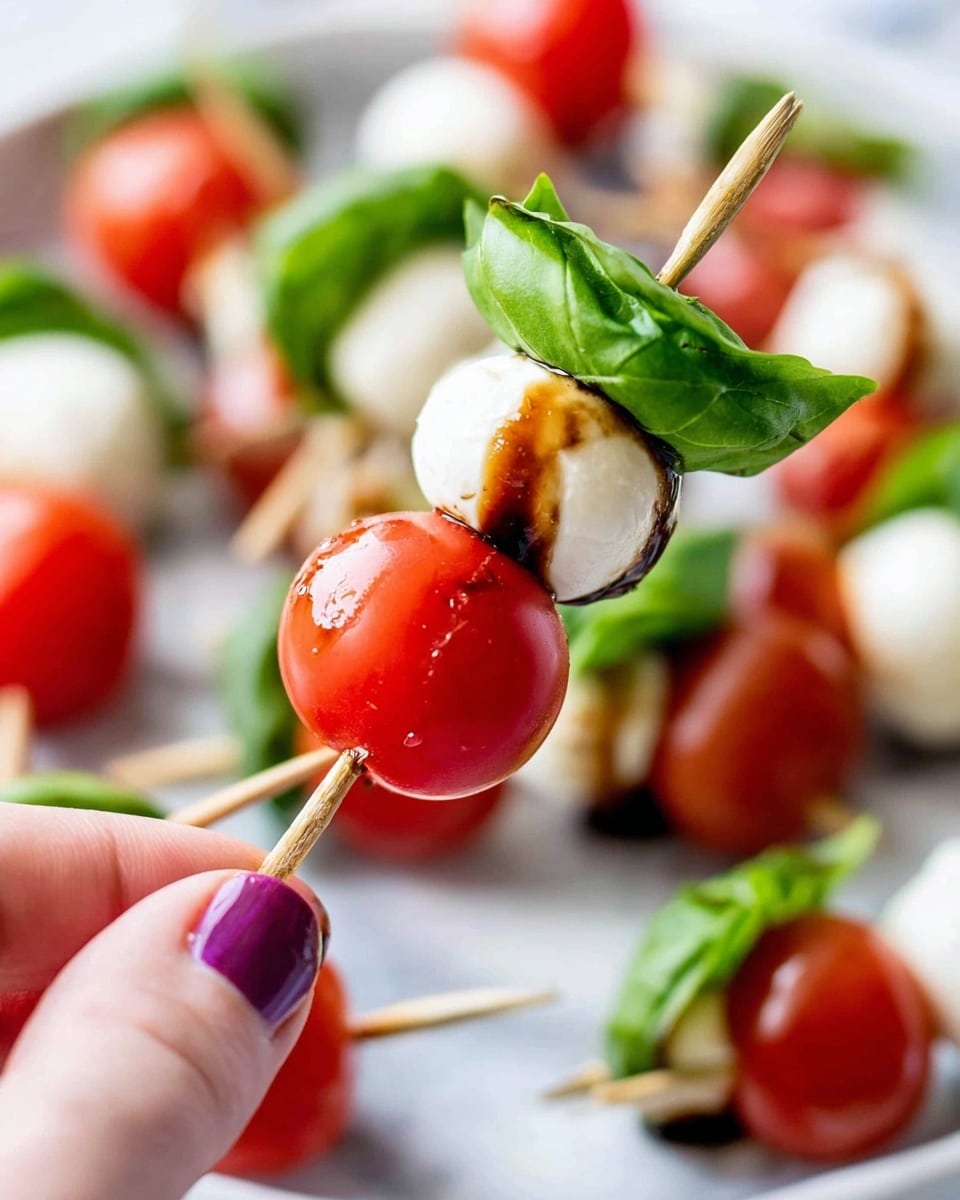 The image shows several clear glasses filled with a layered dish. The bottom layer is a dark brown sauce. On top of this are white mozzarella balls and bright red cherry tomatoes packed closely together in the glass. Fresh green basil leaves are placed in the center as a garnish. A thick dark brown drizzle, likely balsamic glaze, is being poured over the top, adding a shiny texture to the balls and tomatoes. Some coarse salt is sprinkled on top. The glasses are placed on a surface with a white marbled texture. photo taken with an iphone --ar 4:5 --v 7