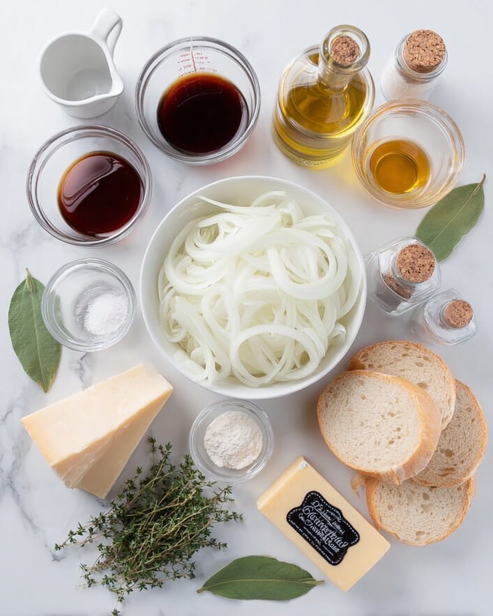 The image shows a white bowl filled with thin white onion rings in the center on a white marbled surface. Around the bowl, there are several ingredients: on the top left, a clear white measuring cup with dark brown liquid, a small clear glass bottle of olive oil with a cork, a clear white measuring cup with light brown liquid, and a smaller clear white measuring cup with dark red liquid. Below the liquids, there are two small clear glass jars with white labels, one containing salt and the other black pepper. Next to the jars is a small clear bowl with white flour. Below them is a small bundle of fresh green thyme. In front of the thyme is a rectangular block of Gruyere cheese with a black label. To the right of the cheese are three round slices of bread in front of a small white baguette cut into two pieces, and next to them is a small stack of butter pieces. Two green bay leaves lie next to the bread and butter. The whole setup is on a white marbled surface with even lighting that shows all the details clearly, photo taken with an iphone --ar 4:5 --v 7