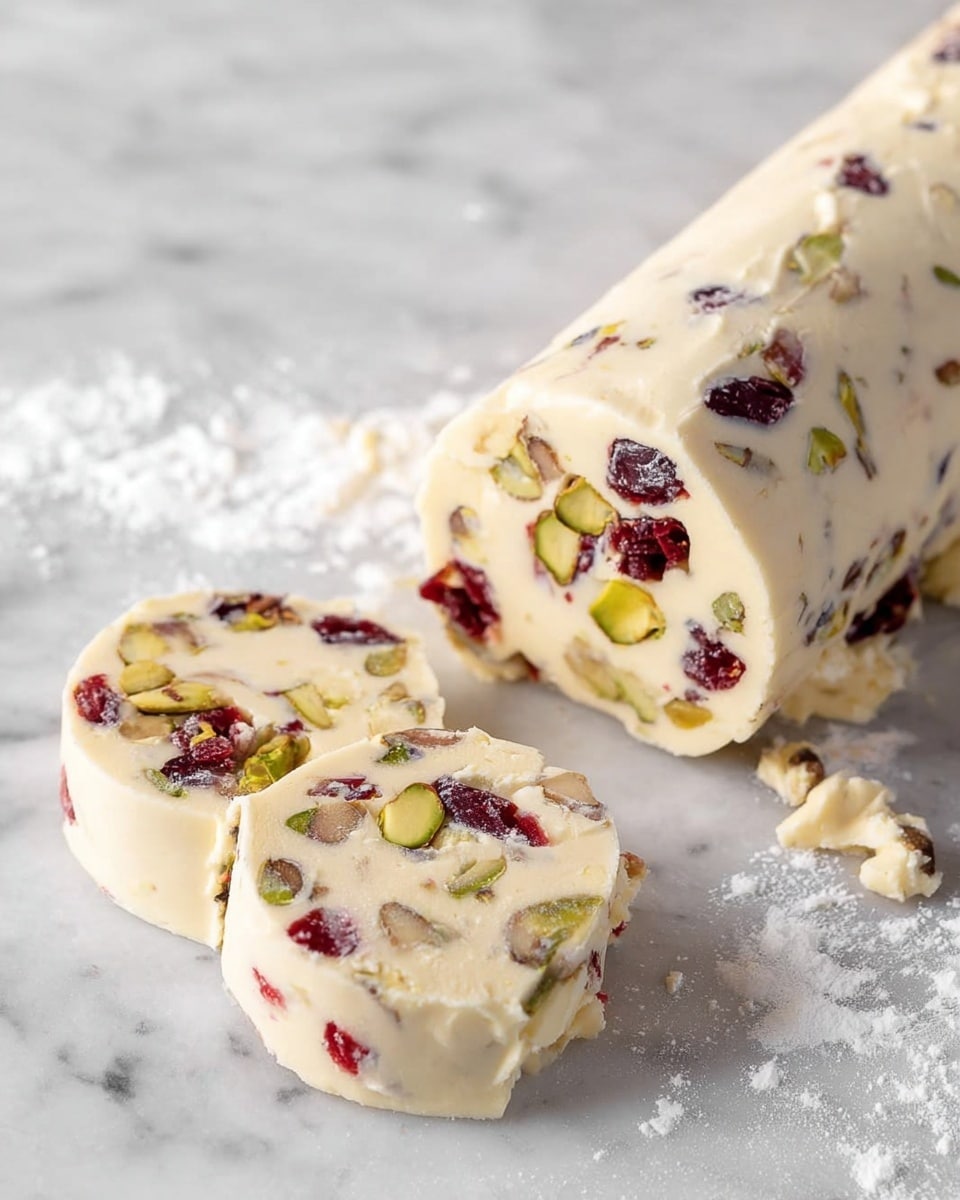 The image shows a light cream-colored log of butter mixed with pieces of red dried cranberries and green pistachio nuts. The log is lying on a white marbled surface dusted with white powder, possibly flour or powdered sugar. Two round slices have been cut from the log and are placed in front of it, showing the mixed nuts and fruit inside clearly. The texture is smooth but studded with colorful bits throughout. Photo taken with an iphone --ar 4:5 --v 7