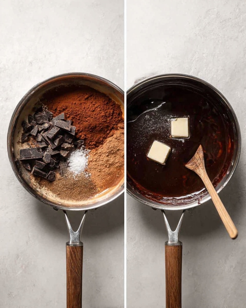 The image shows two side-by-side views of a silver pan with a wooden handle on a white marbled surface. On the left side, the pan contains several dry ingredients: dark brown cocoa powder spread mostly on one side, medium brown cinnamon powder close to the bottom edge, some chunks of dark chocolate near the top, and a small pinch of white salt in the center. On the right side, the same pan holds a dark, glossy melted chocolate mixture with two white chunks of butter partly melted inside, and a wooden spoon resting diagonally from bottom right to top left, stirring the mixture. Photo taken with an iphone --ar 4:5 --v 7