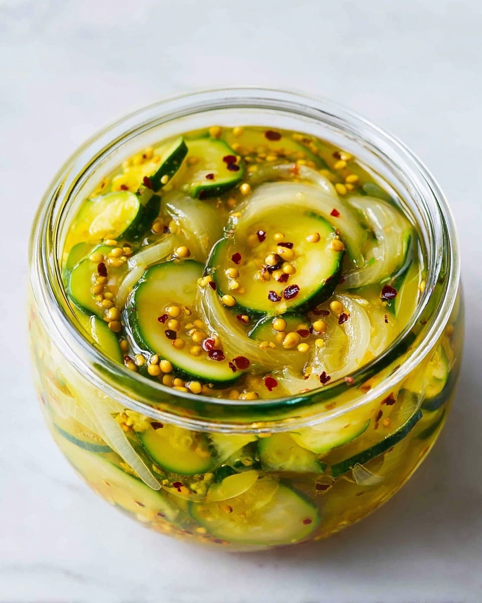 This image shows a close-up view of a round clear glass jar filled with pickled vegetables, mainly thinly sliced green zucchini and translucent white onions. The jar is full to the top with bright yellow mustard seeds and small red pepper flakes mixed throughout in a golden, oily liquid. The edges of the thin vegetables curl slightly, and the colors blend softly with the shiny, wet look of the liquid. The jar sits on a white marbled surface with soft natural light highlighting the vibrant mixture inside. Photo taken with an iphone --ar 4:5 --v 7