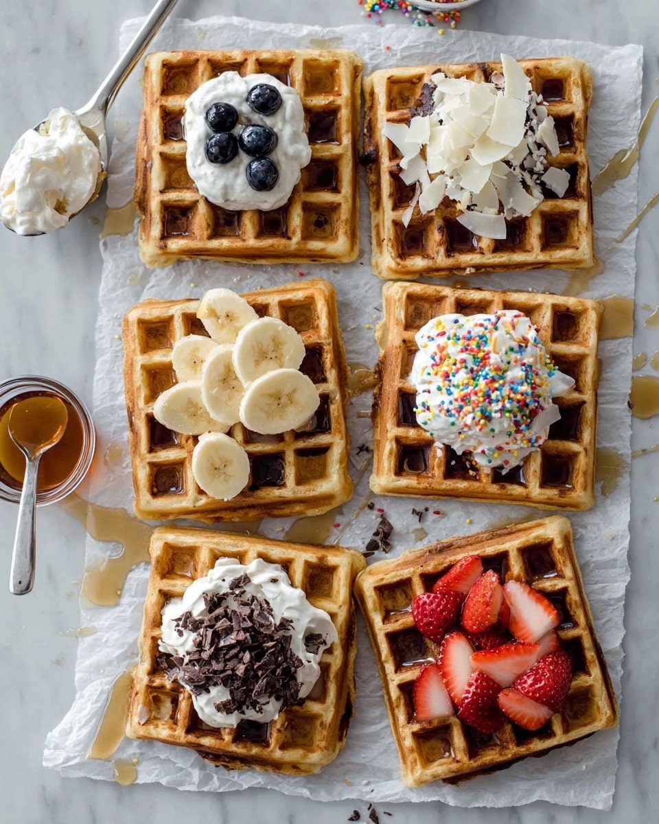 Six square waffles are placed on parchment paper over a white marbled surface. Each waffle is golden brown with a grid texture and has a different topping: the top left waffle has white cream and a small pile of dark blue blueberries; the top right waffle has white cream topped with large white flakes and small dark seeds; the middle left waffle features white cream with slices of light yellow banana; the middle right waffle has white cream with colorful sprinkles scattered over it; the bottom left waffle shows white cream topped with dark chocolate shavings; the bottom right waffle is topped with white cream and sliced red strawberries. There is a small clear container with syrup to the left, and some syrup is drizzled on and around the waffles. A woman's hand with a white spoon holding some white cream is visible in the lower left corner. photo taken with an iphone --ar 4:5 --v 7