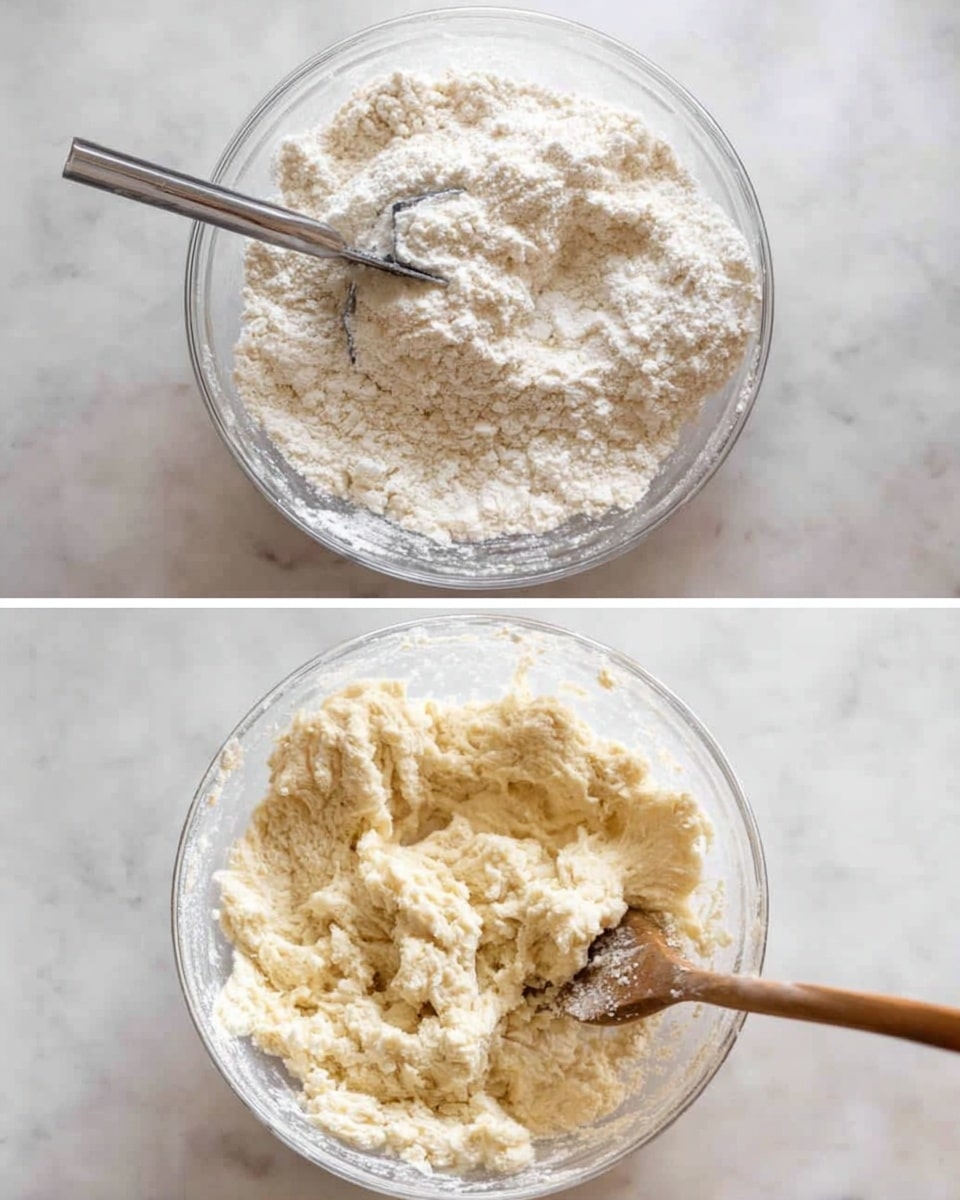 Two photos showing the process of mixing dough in a transparent glass bowl on a white marbled surface. The first photo shows a metal dough blender pressing through dry flour, creating textured white and off-white crumbly clumps. The second photo shows a wooden spoon mixing wet dough with sticky, uneven lumps in shades of cream and light beige. Photo taken with an iphone --ar 4:5 --v 7
