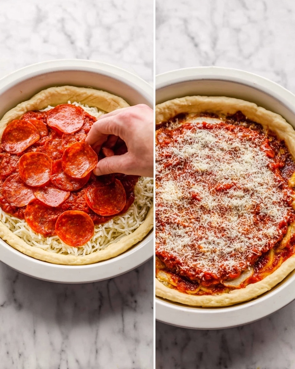 The image shows two round white pans on a white marbled surface. The pan on the left has a thick dough base with a layer of shredded white cheese spread evenly inside it. The pan on the right has the same dough and cheese layers, but topped with a neat layer of small, round, reddish-orange pepperoni slices covering the cheese almost fully. In the top part of the image, there are two white bowls, one filled with shredded white cheese and the other with more pepperoni slices. photo taken with an iphone --ar 4:5 --v 7
