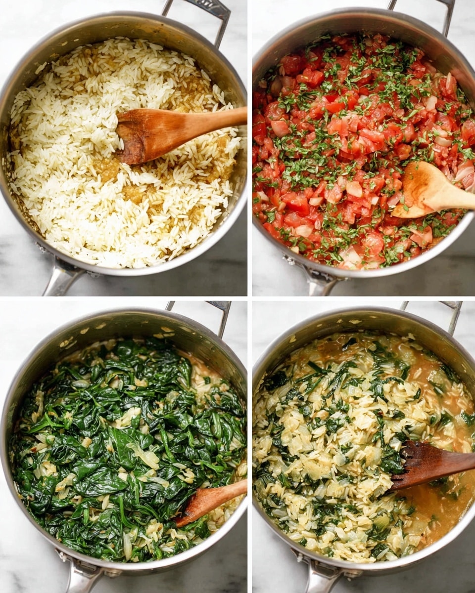 The image shows four steps of cooking in a silver pot on a white marbled surface. The first step has white rice and chopped onions mixed in oil, stirred with a wooden spoon, creating a pale yellow and white layer. The second step adds chopped red tomatoes and green herbs on top of the rice and onions, showing a mix of red, green, and white colors with the wooden spoon still in the pot. In the third step, fresh green spinach leaves cover the rice and tomato mix, adding a rich green color with some parts of the rice visible underneath and the wooden spoon partially buried in the spinach. The last step shows the cooked dish, with soft green spinach mixed evenly with the rice, soaked in a light brown broth, with a wooden spoon stirring it. Photo taken with an iphone --ar 4:5 --v 7