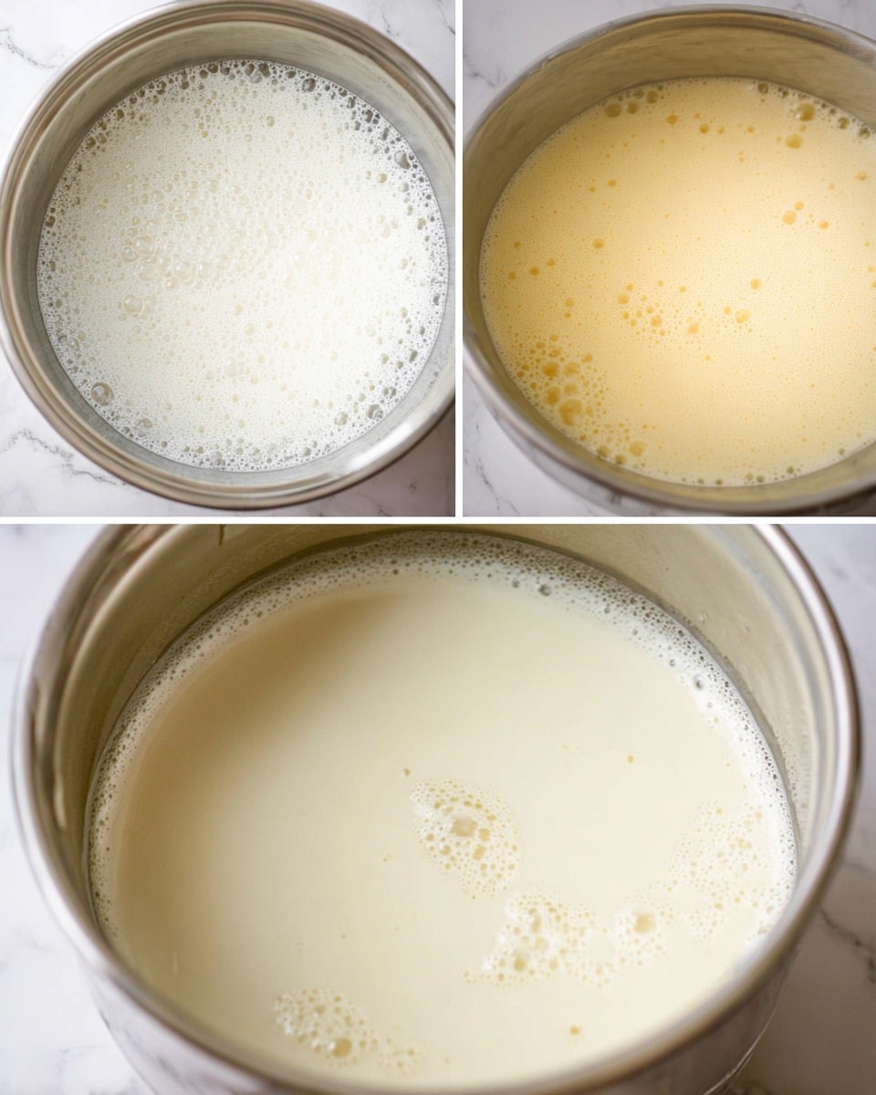The image shows three close-up views of a creamy mixture in a steel bowl. The top left image displays a frothy white foam layer with fine bubbles filling the steel bowl. The top right image shows a yellowish, smooth liquid with small bubbles on the surface inside a steel bowl. The bottom image gives a large view of a pale creamy liquid with a thin foamy layer around the edges in a steel bowl, sitting on a white marbled surface. Photo taken with an iphone --ar 4:5 --v 7