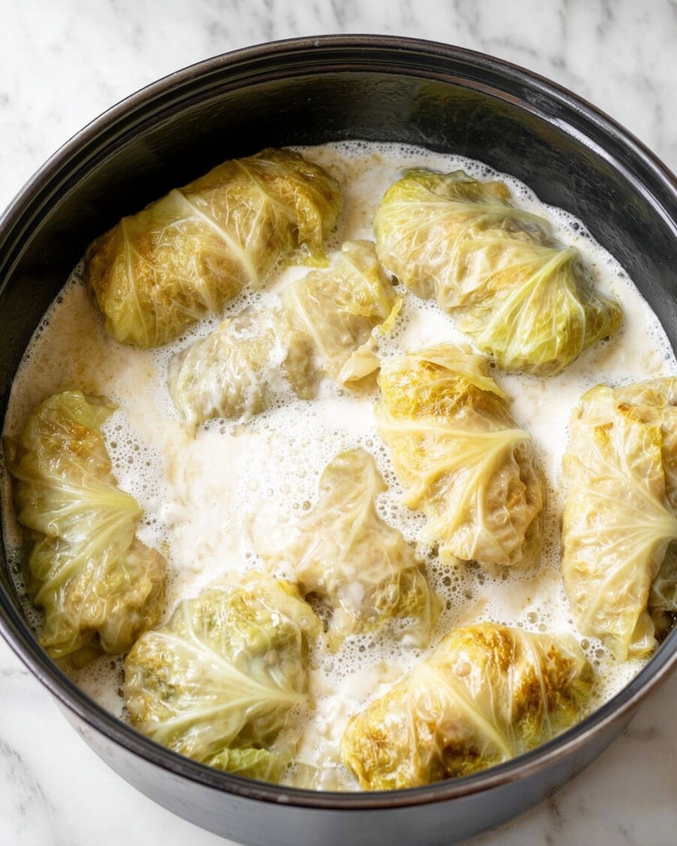 A black pot filled with several cabbage rolls submerged in a thick white foam sauce. The cabbage rolls are a mix of pale yellow and green colors, with a soft, wrinkled texture visible under the bubbly creamy sauce. The rolls are arranged unevenly in the pot, partially overlapping each other. The pot sits on a white marbled surface. Photo taken with an iphone --ar 4:5 --v 7