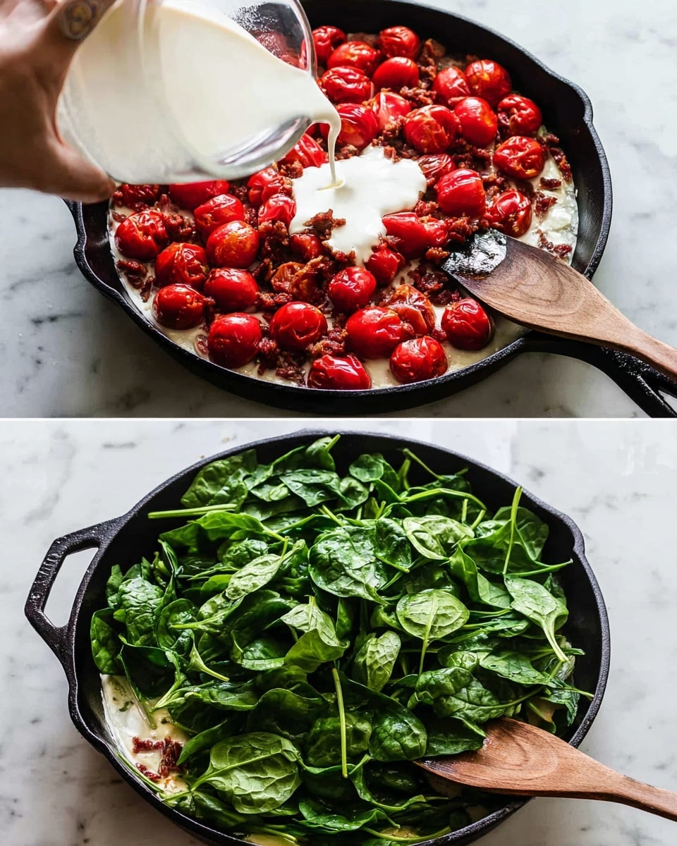 The dish shows three golden brown salmon fillets placed in a black pan filled with a creamy white sauce mixed with bright red cherry tomato halves and fresh green spinach leaves. The sauce has a thick, smooth texture with small bits of white cheese sprinkled on top, while the salmon fillets have a slightly crispy surface with light black pepper specks. Some fresh green herbs are scattered around the salmon, adding a touch of brightness to the dish. The pan is set on a white marbled surface. photo taken with an iphone --ar 4:5 --v 7
