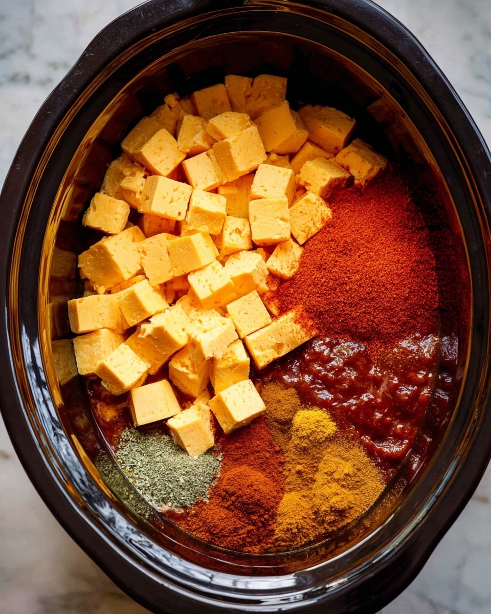 Inside a large black slow cooker, there are four main layers of ingredients. On the top left, there are many small, yellow-orange cheese cubes grouped close together. To the right of the cheese cubes, there is a mound of bright red paprika powder sprinkled over some of the cheese. Directly below the cheese, there is a dark reddish-brown sauce with a slightly chunky texture on the bottom right side. Around the center and bottom left area, there are three different kinds of spice powders in reddish-brown, dark brown, and greenish colors, each in small separate piles. The slow cooker sits on a white marbled surface. Photo taken with an iphone --ar 4:5 --v 7