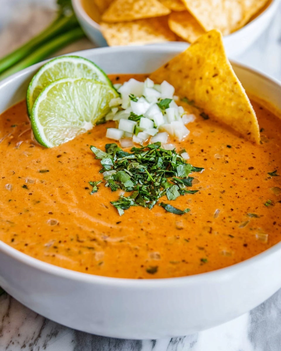 This image shows a white bowl filled with creamy orange soup that has tiny specks of seasoning throughout. On top of the soup, there is a small pile of chopped green herbs centered near the back, a mound of small white onion pieces to the left, and two lime wedges placed near the front edge of the bowl. Two yellowish tortilla chips stand upright behind the herbs, partially inside the soup. The bowl is set on a white marbled surface with hints of green stems around it. Photo taken with an iphone --ar 4:5 --v 7