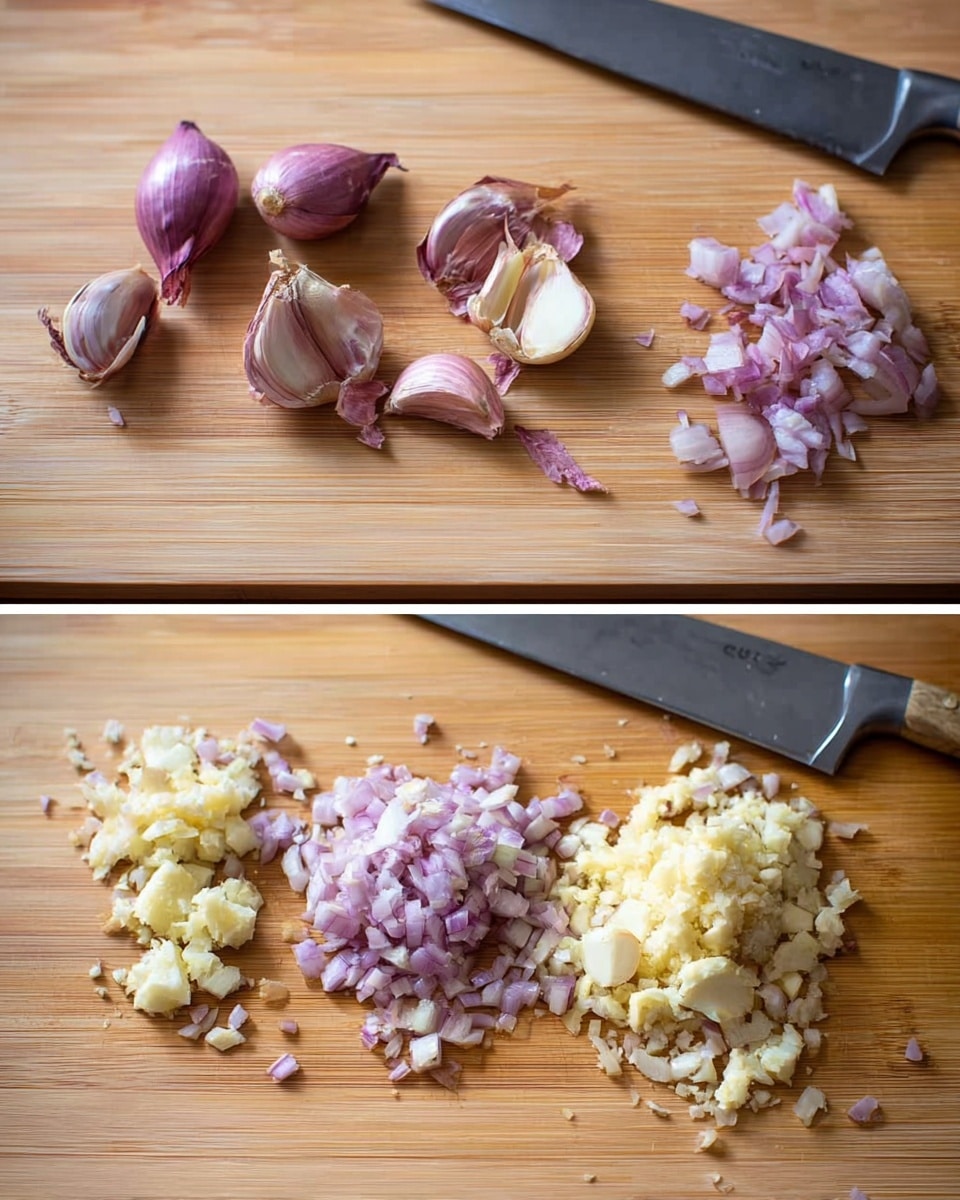 The image shows two separate views on a wooden cutting board with a chef's knife placed in the background of both. The top part has whole and half shallots dim purple and white with peeled garlic cloves and some garlic skin scattered around, along with a small heap of chopped shallots on the right side. The bottom part has two piles of finely chopped ingredients, with minced garlic on the left in pale cream yellow and chopped shallots on the right with light purple and white pieces. The wooden board has a natural light brown color and a clean surface. Photo taken with an iphone --ar 4:5 --v 7
