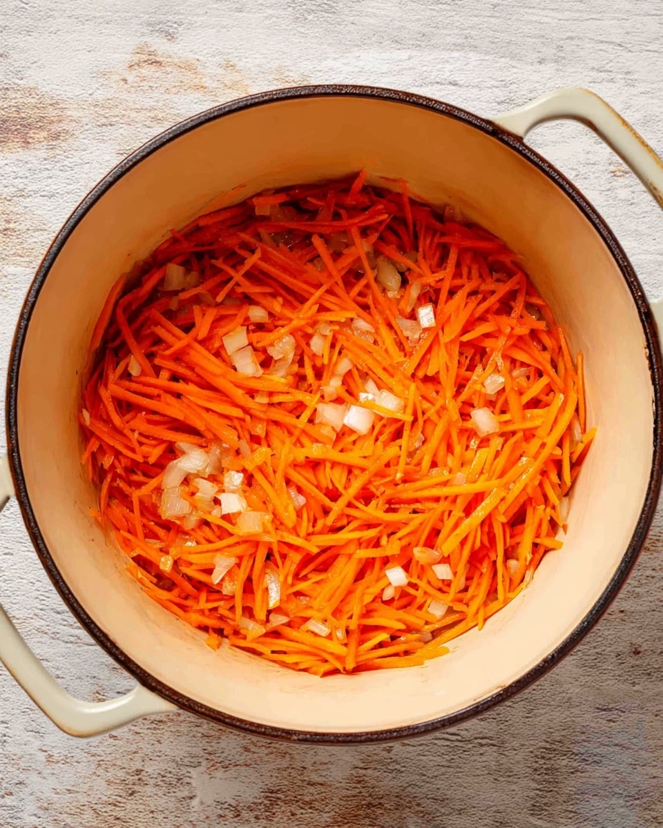 A light cream-colored pot with a dark rim holds a single layer of thin orange carrot strips mixed with small pieces of white onion, all lightly cooked and spread evenly across the bottom. The surface beneath the pot is changed to a white marbled texture. The carrots have a soft texture with some slight browning, contrasted by the translucent onions scattered throughout. photo taken with an iphone --ar 4:5 --v 7