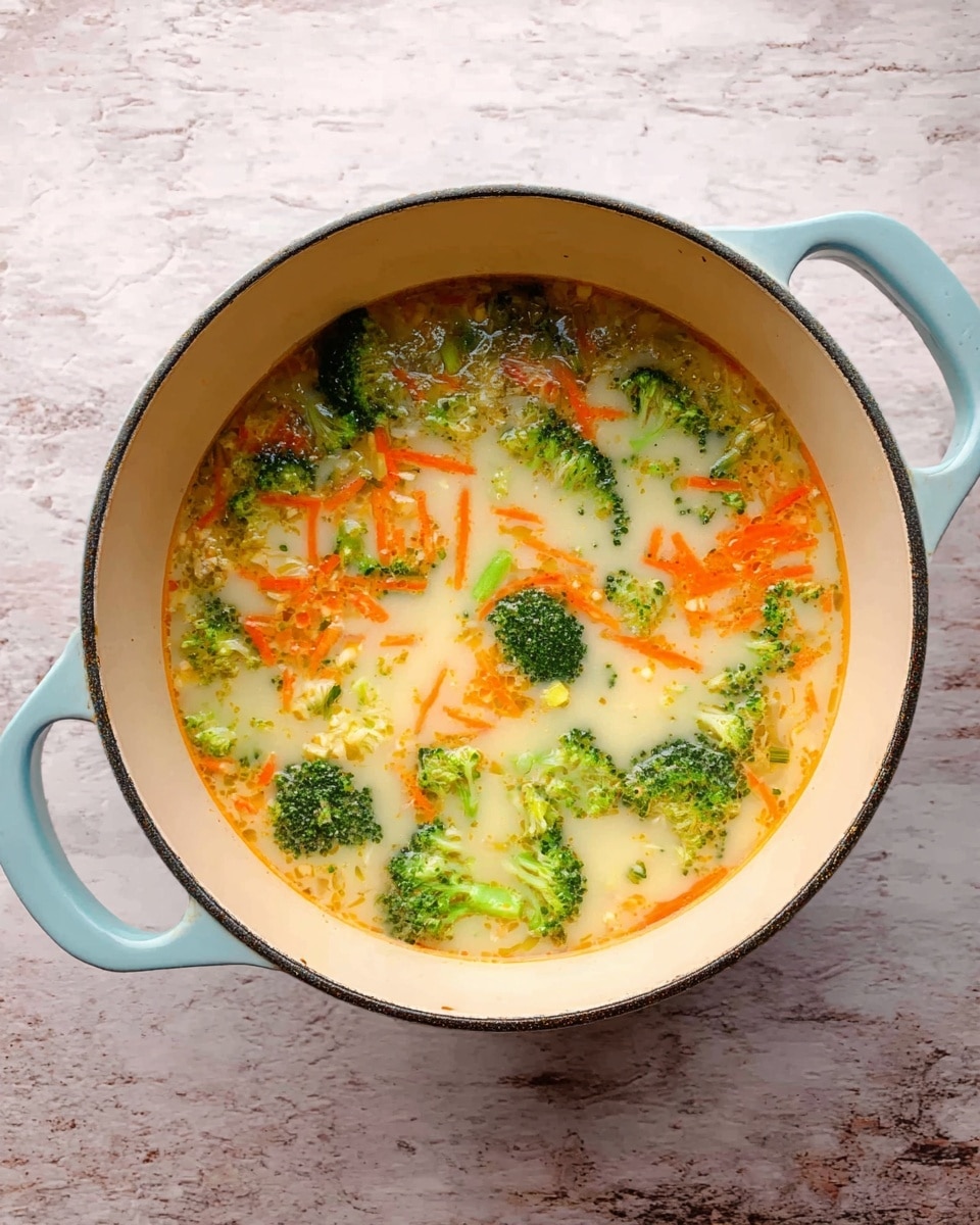 A round white pot with light blue handles is filled with a soup showing three clear layers: the base layer is a thin, light yellow broth with visible small chopped pieces, the middle layer has bright green broccoli florets scattered evenly, and the top layer features thin orange carrot strips floating in a pale creamy liquid. The pot sits on a white marbled surface. photo taken with an iphone --ar 4:5 --v 7