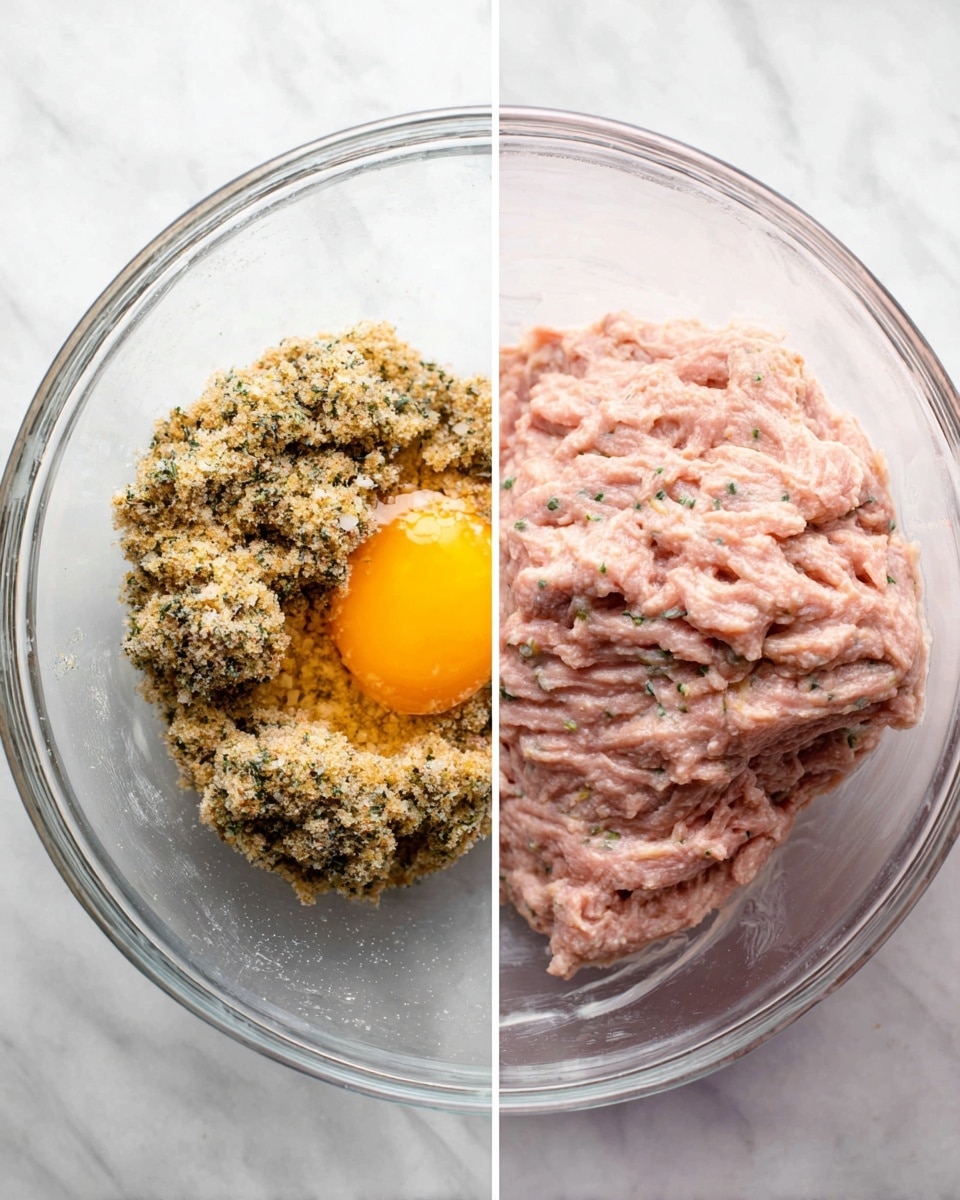 The image shows two side-by-side photos: the left one has sixteen raw meatballs evenly placed on white parchment paper over a white marbled surface, each meatball round with a light pink color mixed with small bits of green herbs and white grains; the right photo shows the same meatballs cooked in a white skillet with a light brown and slightly crispy outside with hints of golden brown and darker spots, sitting in a pool of glistening oil, arranged in a loose circular pattern. Photo taken with an iphone --ar 4:5 --v 7