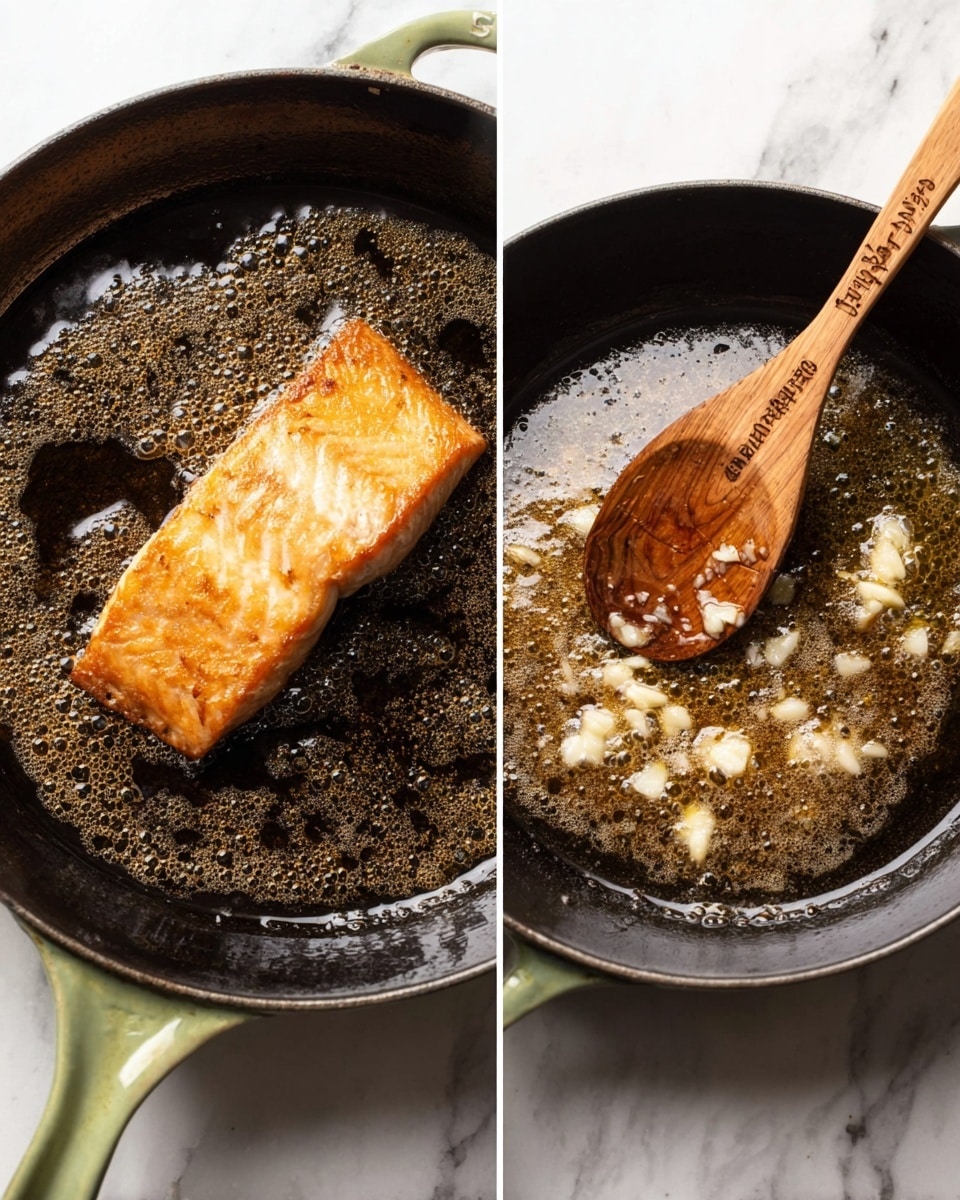 Two side-by-side images show a green cast iron pan on a white marbled surface. The first image has a creamy white sauce with small green herbs and several pieces of golden brown salmon scattered in the sauce, with a wooden spoon resting in the pan. The second image shows the same creamy sauce with salmon pieces, but now topped with a pile of yellow cooked spaghetti noodles in the center. Photo taken with an iphone --ar 4:5 --v 7