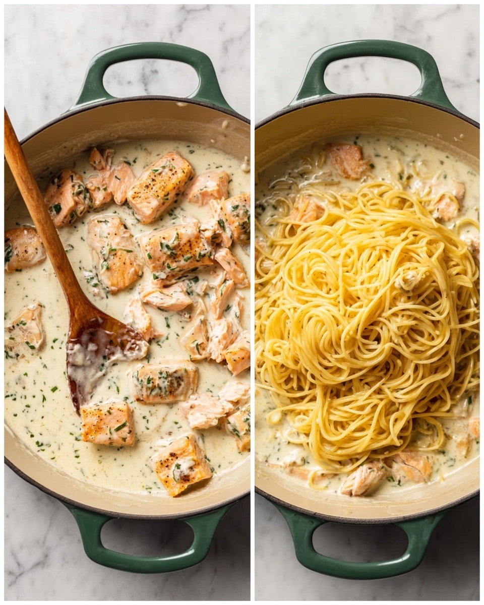 A white bowl filled with three layers: the bottom layer is creamy fettuccine pasta with a smooth yellowish-white sauce, the middle layer consists of pink-orange cooked salmon pieces scattered evenly, and the top layer shows bright green dill sprigs spread over the salmon and pasta. A silver fork with a wooden handle rests inside the bowl on the left side. The bowl is placed on a white marbled surface with a blue and white striped cloth underneath. In the background, a whole lemon and half a lemon are slightly blurred. Photo taken with an iphone --ar 4:5 --v 7