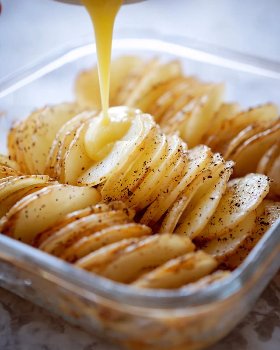 The image shows a close-up of a clear glass dish filled with a layered potato dish. Thinly sliced potato pieces, brown-edged and topped with black pepper, are arranged vertically and closely in multiple layers. A pale yellow sauce is being poured in the middle, filling gaps between the potato slices. The background is a white marbled texture. photo taken with an iphone --ar 4:5 --v 7