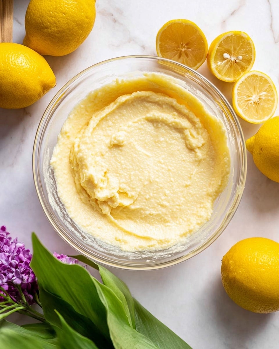 A clear glass bowl filled with a creamy, light yellow mixture that looks smooth with some texture, placed on a white marbled surface. Around the bowl, there are whole lemons and lemon halves showing their bright yellow color and juicy inside. Part of a green leaf and a purple flower are visible at the bottom left corner, adding a touch of natural color to the scene. photo taken with an iphone --ar 4:5 --v 7