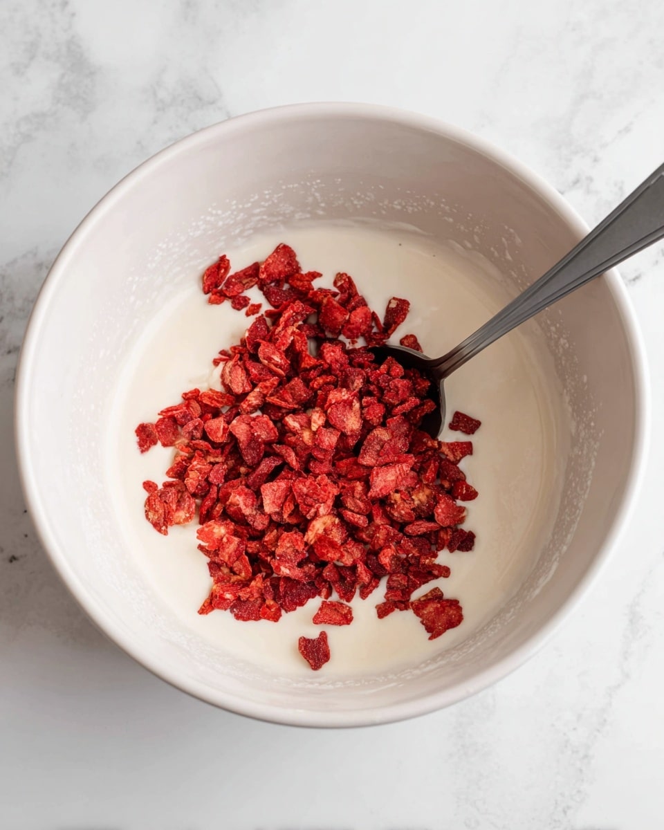 A white bowl filled with a smooth off-white cream mixture at the bottom, topped with a pile of bright red chopped dried strawberries concentrated in the center; a gray spoon is partially submerged in the cream and resting on the side of the bowl, which sits on a white marbled surface. photo taken with an iphone --ar 4:5 --v 7