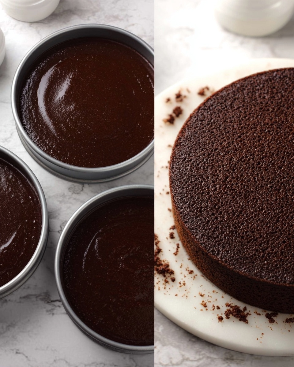Three round cake pans filled with smooth, shiny dark brown chocolate batter placed on a white marbled surface are shown on the left side. On the right side, a single round chocolate cake layer with a soft, moist texture is sitting on a white marbled round board, with some crumbs around it. The background also has white items slightly blurred. Photo taken with an iphone --ar 4:5 --v 7