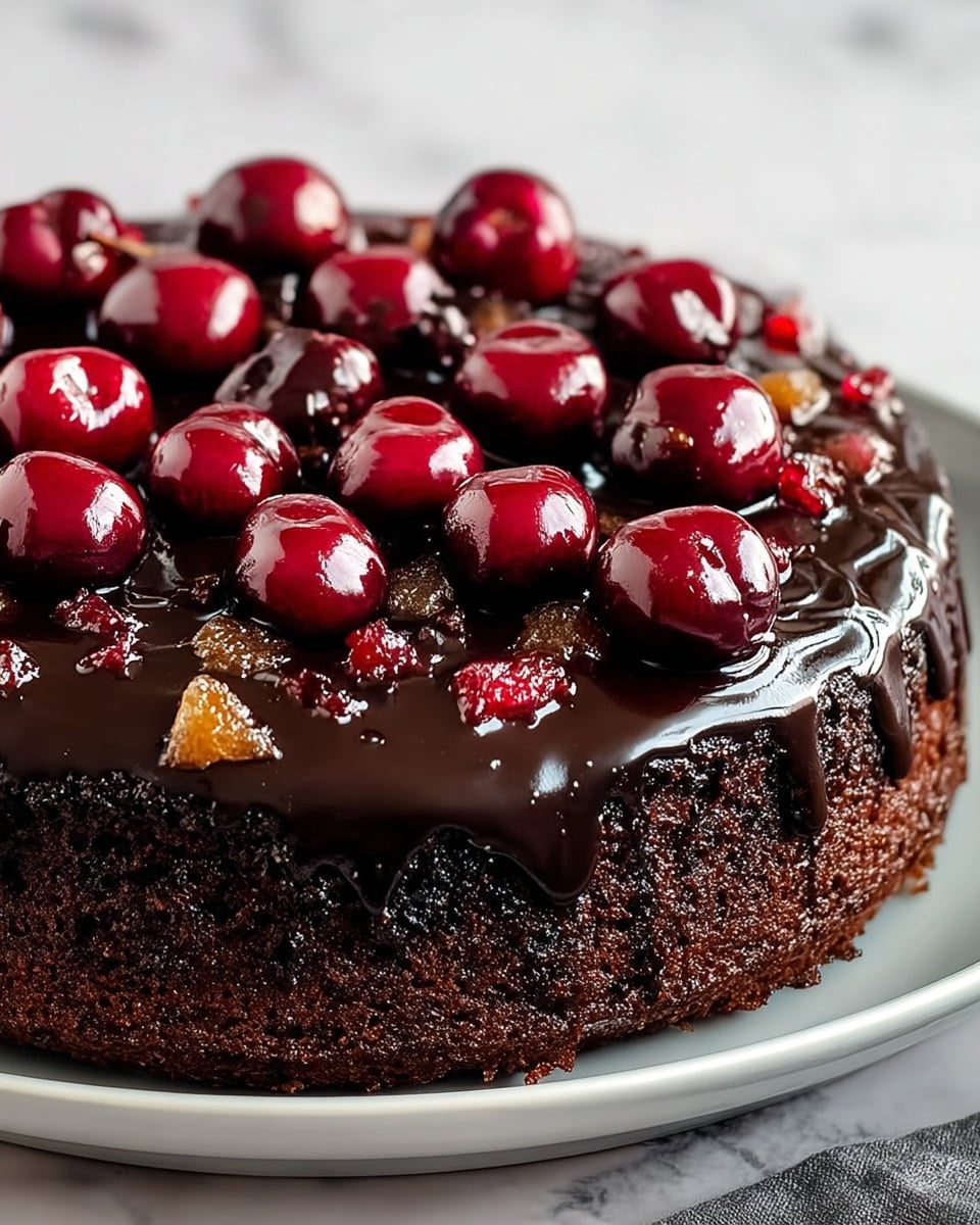 A round, dark brown chocolate cake sits on a white plate, showing a moist and slightly crumbly texture on the sides. The top layer is glossy and covered with a thick, shiny dark chocolate glaze that has a smooth texture and slightly drips over the edges. Scattered evenly across the glaze are whole cherries, deep red with a wet and glossy look, adding a bright contrast to the dark chocolate. Small pieces of what appear to be candied fruit are also embedded in the glaze near the edges, adding texture and color. The background is a white marbled surface. photo taken with an iphone --ar 4:5 --v 7