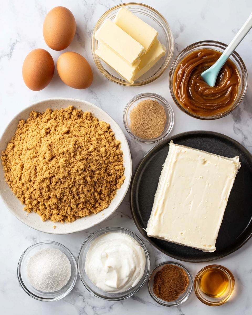 The image shows ingredients for a dessert arranged neatly on a white marbled surface. There are three brown eggs on the left side and a block of pale yellow butter just below them. In the center, a white bowl is filled with crushed golden graham crackers that have a crumbly texture. To the right of this bowl, a black plate holds a large rectangular block of smooth, white cream cheese. Above the cream cheese is a glass bowl filled with thick caramel sauce, which has a caramel brown color and a light blue spoon inside. Below the caramel, there is a small round bowl of light brown soft brown sugar, and next to it, three tiny glass bowls contain white salt, dark cinnamon powder, and light brown ground ginger. On the lower left corner, a glass bowl is filled with smooth, white sour cream, and next to it, a small glass bowl holds a golden amber liquid, likely honey or syrup. Everything is laid out in an orderly fashion with a clean, bright look. photo taken with an iphone --ar 4:5 --v 7