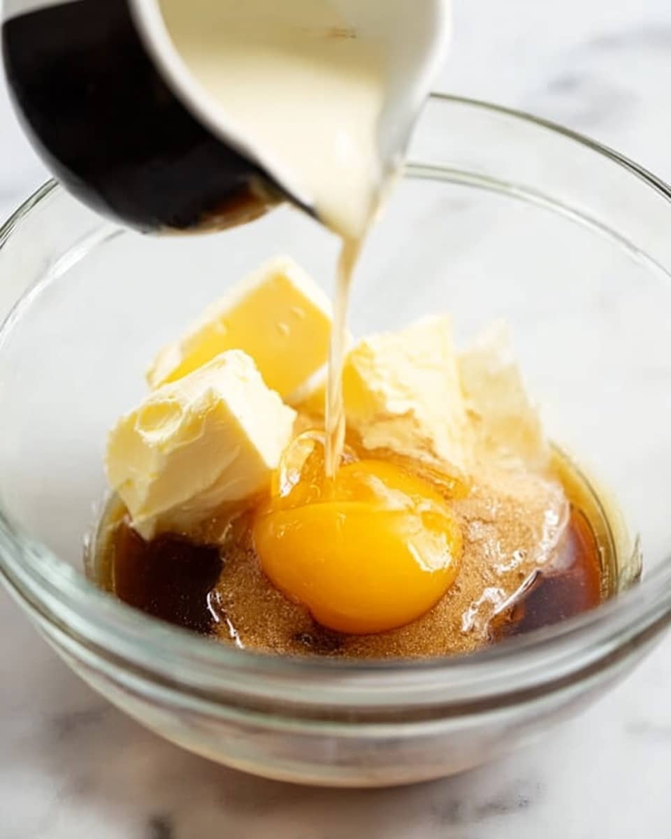 The image shows a clear glass bowl on a white marbled surface holding multiple ingredients before mixing. Inside the bowl, there are several layers: a pale yellow piece of butter on top, a light brown layer of sugar underneath it, a golden yellow egg yolk in the center, and a dark brown sticky liquid surrounding the egg and sugar. A cream-colored liquid is being poured from a small black and white measuring cup, creating a motion blur as it spills into the bowl. The scene is lit softly, highlighting the shiny and smooth textures of the ingredients. photo taken with an iphone --ar 4:5 --v 7