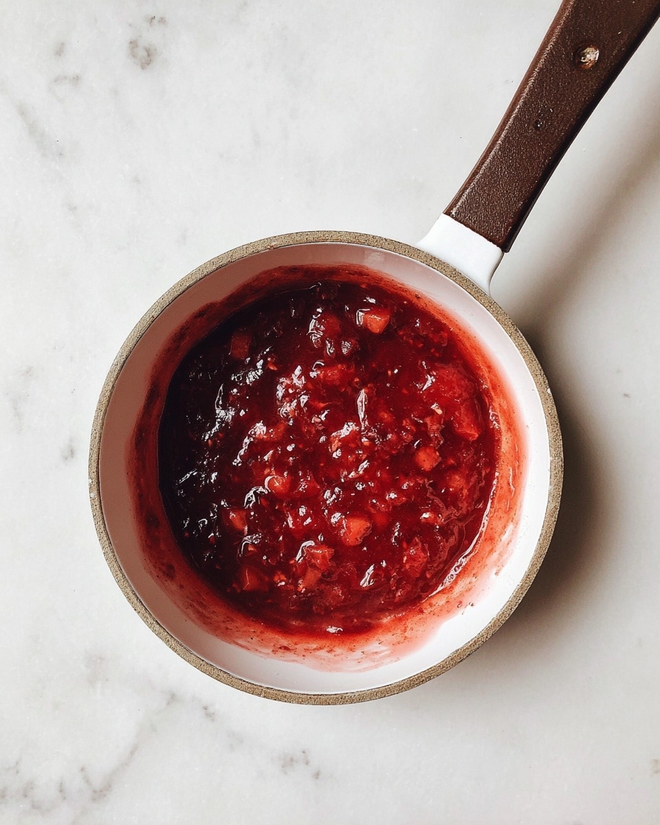 A small white pan with a brown handle holds a thick, chunky red sauce or jam with pieces of fruit visible inside. The sauce coats the inside walls of the pan and has a glossy texture. The pan sits on a white marbled surface with no other objects around it. photo taken with an iphone --ar 4:5 --v 7