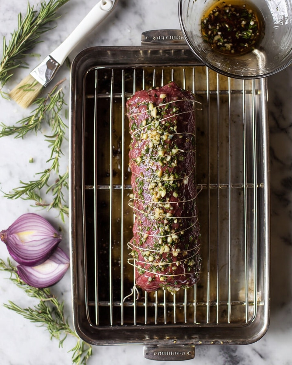 A white rectangular baking dish holds a single layer of small shallot pieces, each cut into quarters showing light purple and white layers with smooth, shiny textures. The shallots are scattered evenly, topped with a light drizzle of olive oil and a sprinkle of black pepper giving a speckled effect. A fresh green rosemary sprig lies diagonally across the center, adding contrast to the pale purple shallots. The baking dish rests on a dark wood surface. photo taken with an iphone --ar 4:5 --v 7