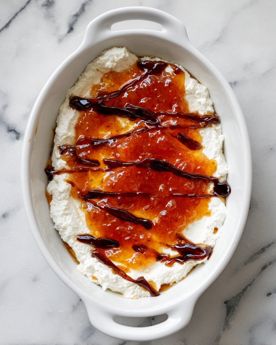 The image shows a white oval dish on a white marbled surface filled with three visible layers. The bottom layer is a rough, white creamy cheese spread evenly inside the dish. On top of the cheese is a thick layer of bright orange jam with a shiny, sticky texture. The jam is drizzled with thin streaks of dark brown sauce that runs across the top in diagonal lines. The dish handles are visible on the top and bottom ends of the image. photo taken with an iphone --ar 4:5 --v 7