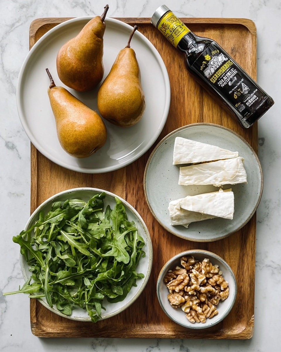 The image shows a white round plate with a layer of white crumpled paper on top. On the paper, there are small skewers each with three layers: a triangle piece of light tan fruit at the top that has slight grill marks, a small bunch of dark green leafy arugula in the middle, and a small creamy white cheese piece topped with light brown crunchy walnut pieces at the bottom. Dark balsamic glaze drops are drizzled over the skewers and around the plate. The plate is on a light pink surface, but the background should be changed to white marbled texture. Nearby, there is a white bowl with walnut pieces visible and a white cloth lightly folded is near the plate. photo taken with an iphone --ar 4:5 --v 7
