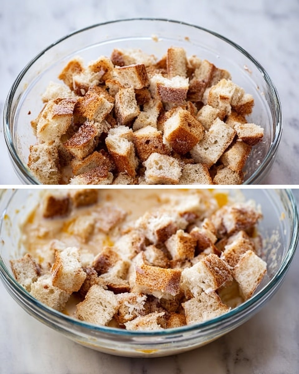 A clear glass bowl filled with small, uneven cubes of toasted cinnamon swirl bread showing golden brown and white colors, with a lightly rough texture. In the next image, the same bread cubes sit soaked in a creamy mixture with a pale beige color and some visible small bits of yellow, all inside the clear glass bowl. The background is a white marbled surface. photo taken with an iphone --ar 4:5 --v 7
