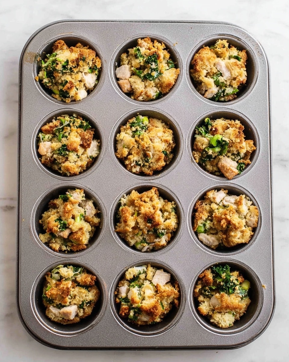 A metal muffin tray with twelve sections is filled with a mixture that looks crumbly and uneven in each section. The mixture has small chunks of white meat, golden brown crumbly bread pieces, and bits of bright green leafy vegetables, all loosely packed inside each cup. The tray is placed on a white marbled surface, and the colors of the mixture contrast nicely with the shiny, smooth finish of the metal tray. Photo taken with an iphone --ar 4:5 --v 7