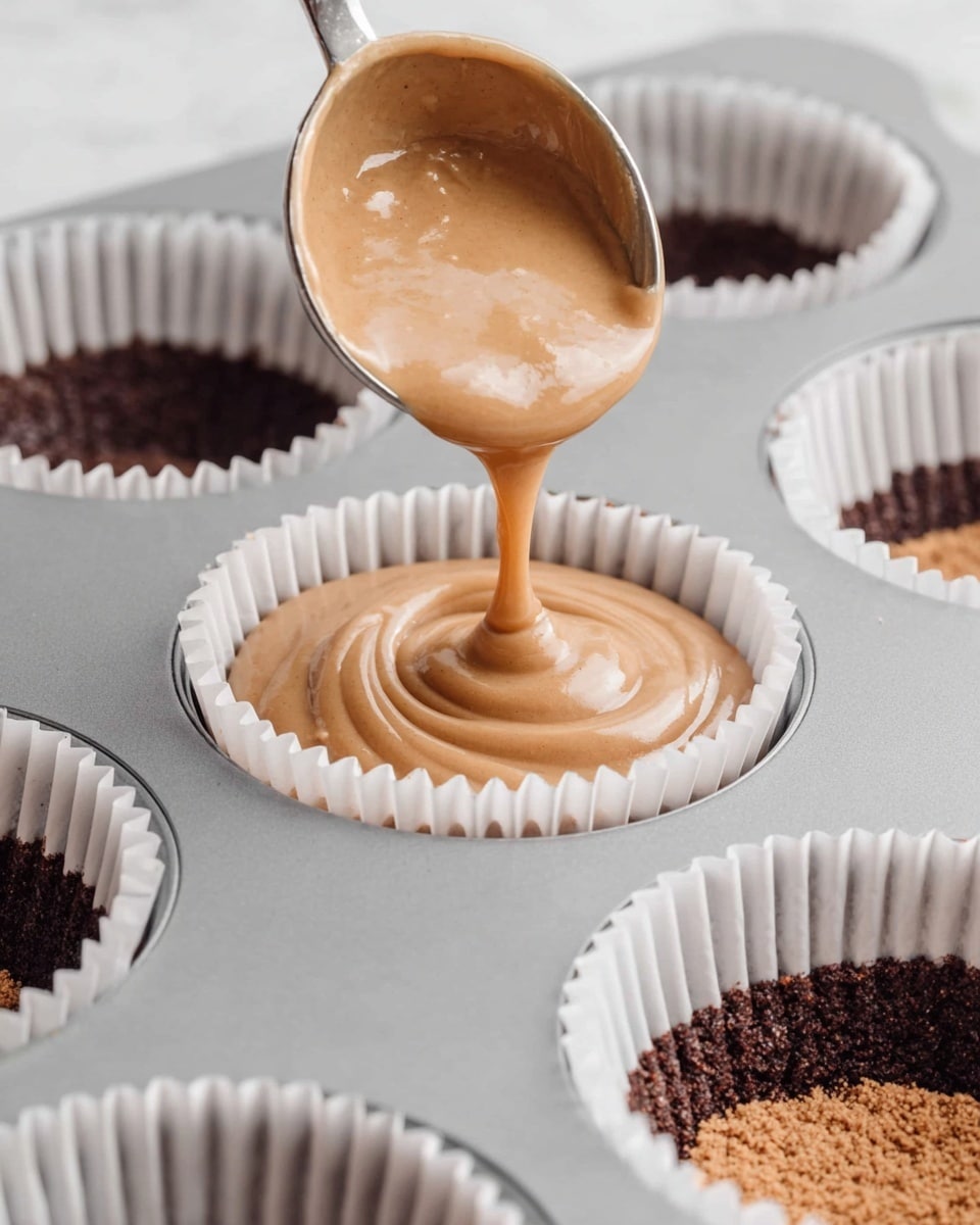 The image shows a close-up of a white cupcake liner inside a muffin tray being filled with smooth, light brown batter. The batter is pouring from a silver scooping tool directly into the liner, creating soft swirls and a creamy texture. Surrounding liners also contain darker crumbs at the bottom. The muffin tray rests on a white marbled surface. photo taken with an iphone --ar 4:5 --v 7