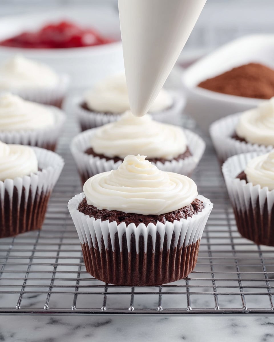 The image shows a plate with several small cakes, each having three visible layers. The bottom layer is dark brown, rough textured, and firm, resembling a cookie crust. The middle layer is a smooth chocolate mousse, lighter brown, and thick. The top layer is white whipped cream, swirled into a soft peak. On top of the cream sits a group of shiny, deep red cherries with sauce dripping slightly. Small dark chocolate shavings are scattered over the cream and around the plate. The plate is white with a thin gold rim, set on a white marbled surface. photo taken with an iphone --ar 4:5 --v 7