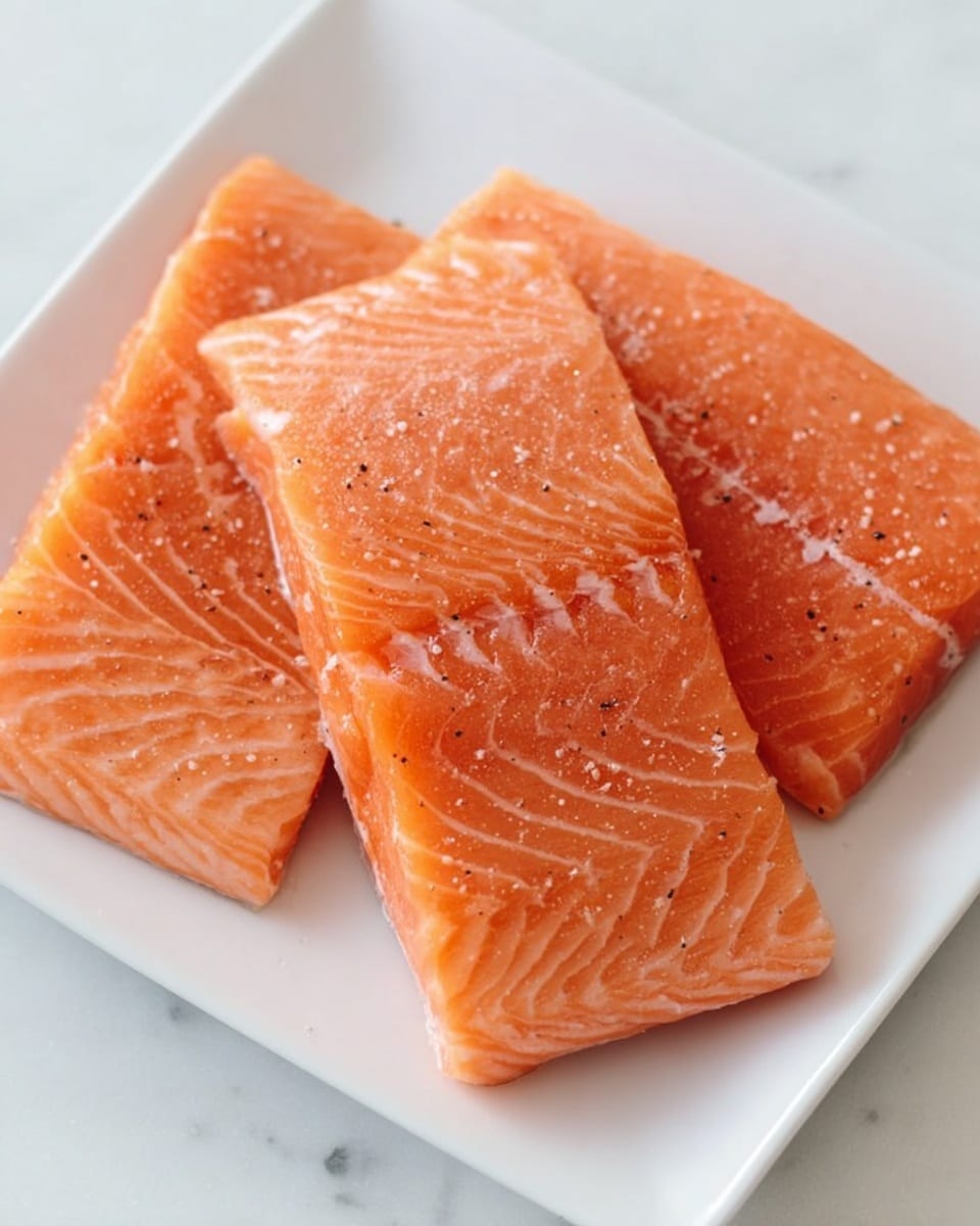 Three pieces of cooked salmon with a dark brown, slightly crispy, and charred surface are placed close together on a white plate. Each piece has an uneven texture with visible seasoning and grill marks on top, showing a mix of reddish-orange and black colors. The plate rests on a white marbled surface with some green herbs and a faint yellow garnish blurred in the background. photo taken with an iphone --ar 4:5 --v 7