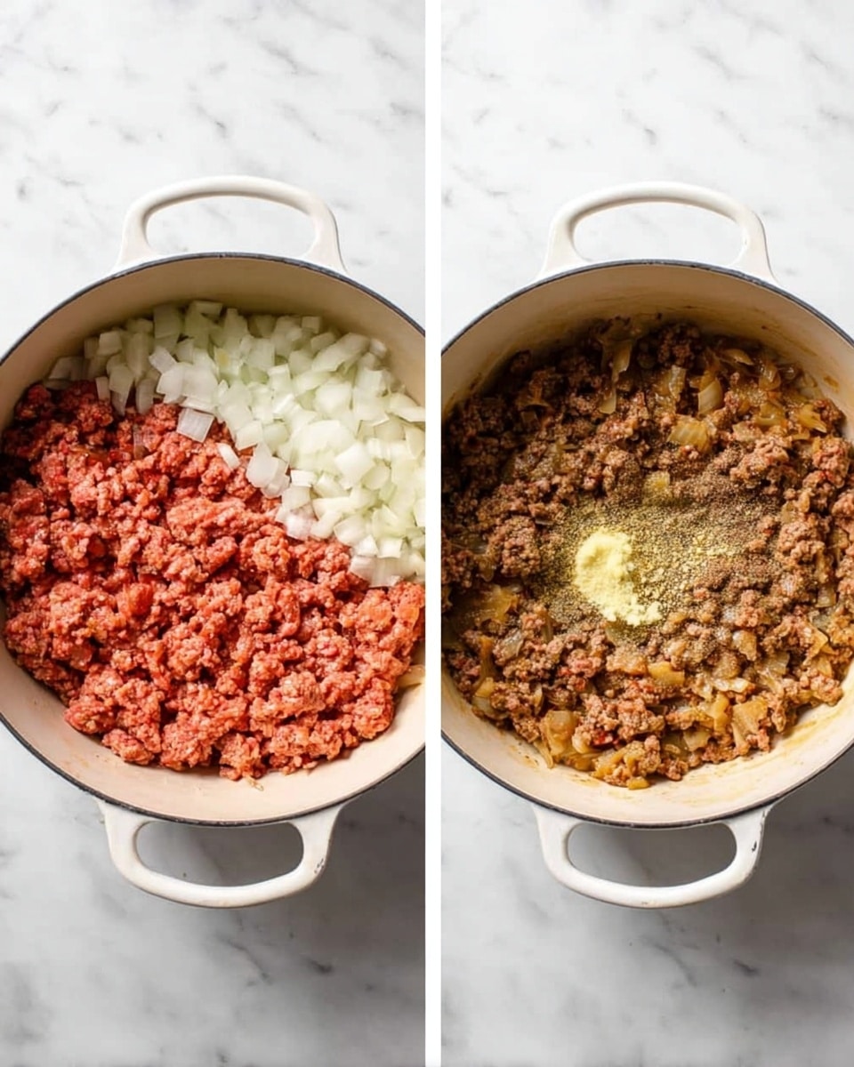The image shows a white rectangular dish with two views of the same pasta bake on a white marbled surface. The first view shows the pasta layer with tube-shaped pasta coated in thick reddish sauce mixed with ground meat, filling the entire dish and creating a textured, uneven surface. The second view shows the same pasta topped with a thick layer of shredded white cheese evenly spread over the whole dish, creating a soft and fluffy texture on top. photo taken with an iphone --ar 4:5 --v 7