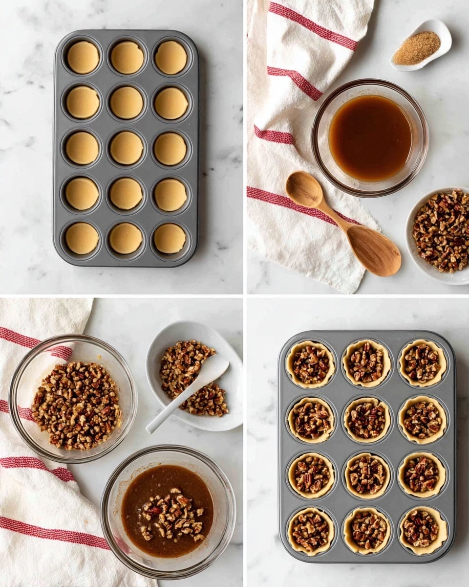 The image shows four steps of making mini pecan pies arranged in a 2x2 grid on a white marbled surface. The top left shows a gray mini muffin pan with 24 small round dough shells in a light tan color, ready to be filled. The top right shows a clear glass bowl containing melted butter, brown sugar, and vanilla, next to the gray mini muffin pan with dough shells, and a wooden spoon with a white handle resting nearby. The bottom left shows the same glass bowl now with the brown sugar mixture combined with chopped pecans on top, with the wooden spoon inside. The bottom right shows the gray mini muffin pan filled with pecan filling inside each dough shell, dark brown with scattered pecan pieces visible, ready for baking. A white cloth with a red stripe is placed beside the pans in the shots. Photo taken with an iphone --ar 4:5 --v 7