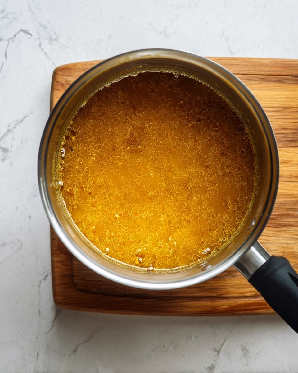The image shows a close-up of a pot filled with thick yellow-orange soup or sauce, with a slightly textured surface and small bits visible inside. The pot is silver metal with a black handle and sits on a wooden chopping board, placed on a white marbled surface. The liquid inside looks smooth but has some slight bubbles and grainy texture. photo taken with an iphone --ar 4:5 --v 7