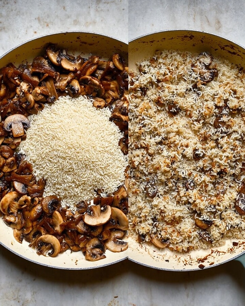 A close-up of a white bowl filled with cooked rice mixed with sliced brown mushrooms and small green herb pieces. The rice grains are separated and mixed evenly with the browned mushroom slices that have a slightly shiny texture. The herbs are scattered throughout the dish adding small green dots in contrast to the light brown and dark beige colors of the rice and mushrooms. In the background, there are blurred cherry tomatoes on the vine and whole mushrooms placed on a white marbled surface. Photo taken with an iphone --ar 4:5 --v 7