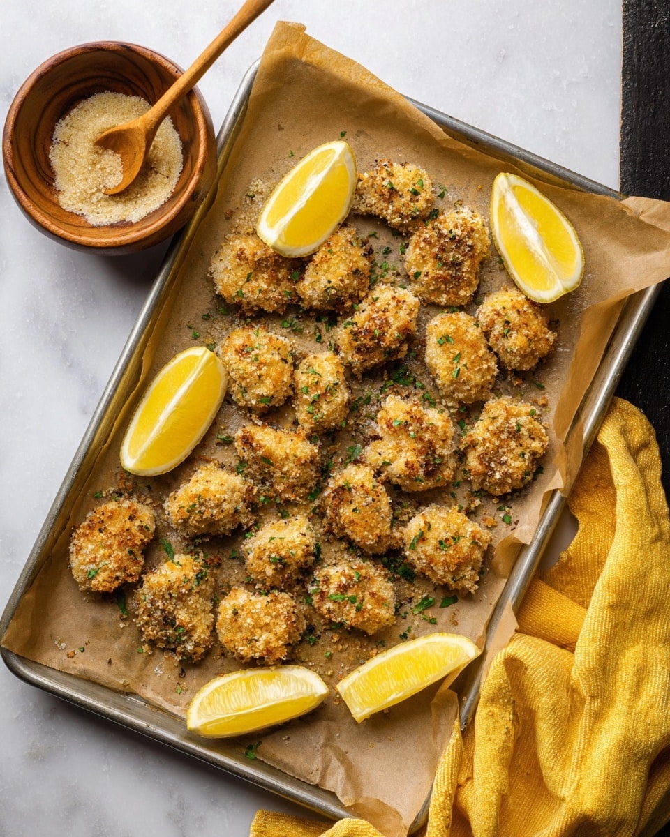 A white oval dish lined with crinkled brown parchment paper holds about fifteen golden-brown pieces of fried cauliflower coated in a light, crispy breading speckled with black pepper and green herb bits. The cauliflower pieces are unevenly shaped, piled closely together. On the lower right side of the dish is a small black cup filled with a green dipping sauce flecked with tiny herbs. Around the dish on a white marbled surface are several lemon wedges sprinkled with black pepper and a glass of beer with a foamy top. The lighting highlights the crispy texture and the fresh green garnishes scattered on the cauliflower and sauce. Photo taken with an iphone --ar 4:5 --v 7