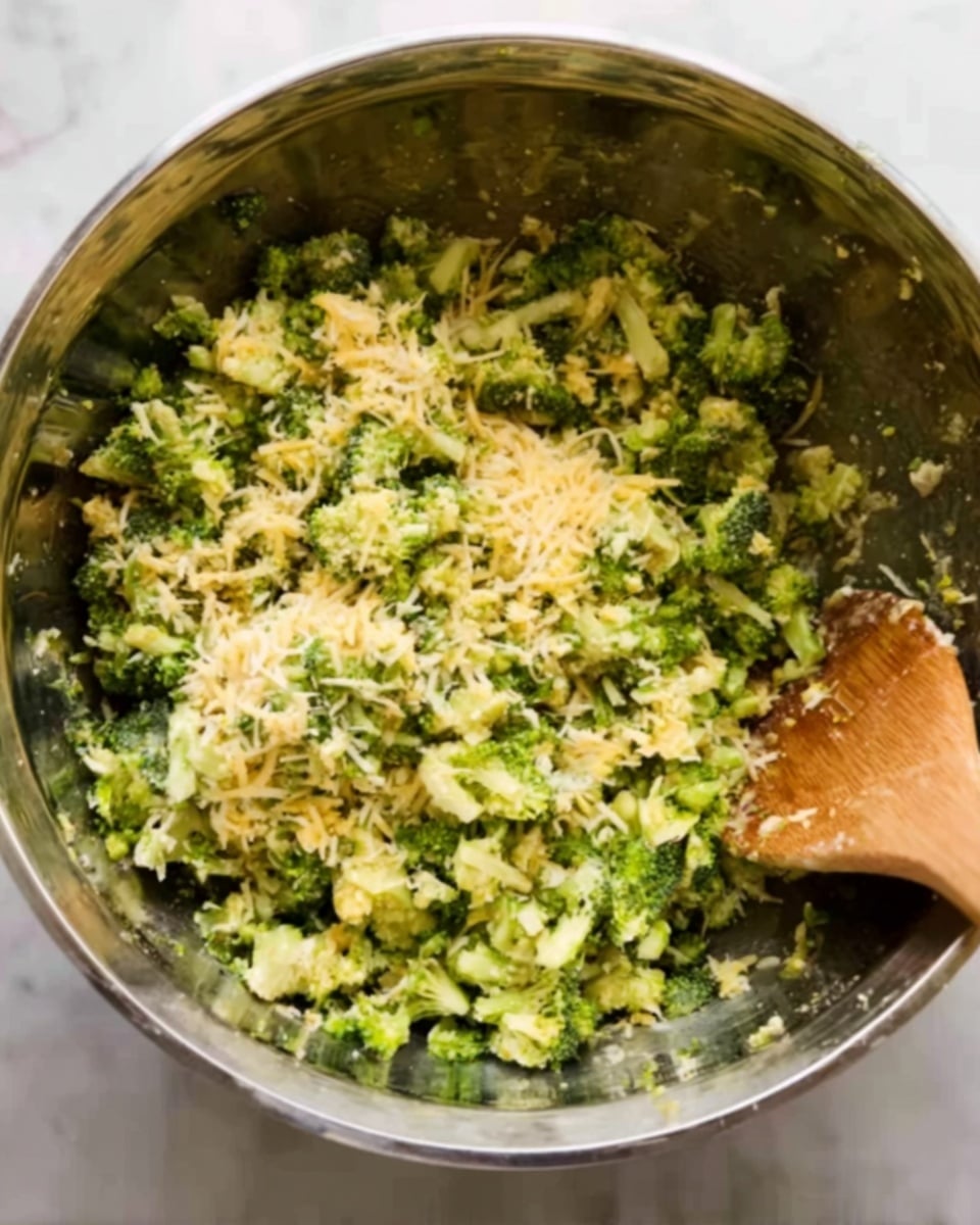 A large shiny metal bowl holds a mixture of chopped broccoli and shredded cheese. The broccoli pieces are small and bright green, scattered with soft, light-yellow shredded cheese on top. A wooden spoon with a smooth texture is resting inside the bowl on the right side, partially covered with the mixture. The bowl is placed on a white marbled surface, which shines softly under the light. photo taken with an iphone --ar 4:5 --v 7