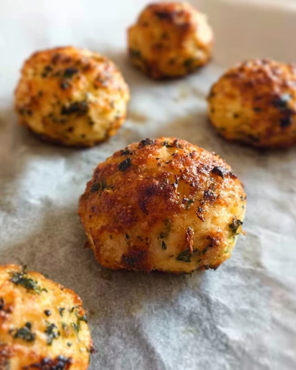 The image shows close-up of round, golden-brown balls with a slightly rough texture and specks of dark green herbs baked on parchment paper. The balls have a crispy outer layer with some small charred spots, giving them a rustic look, and the background is a soft white with a blurred white marbled texture. Photo taken with an iphone --ar 4:5 --v 7